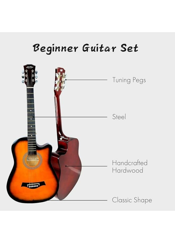 Mike Music 38 inch Acoustic Guitar in Full Size Beginner Set, All Wood Cutaway Guitar for Beginner, Comes with Free Bag/Tuner/Strap/Tuner Clip/Extra String Set/Winder/6 Paddles（Sunburst）  - Image 2
