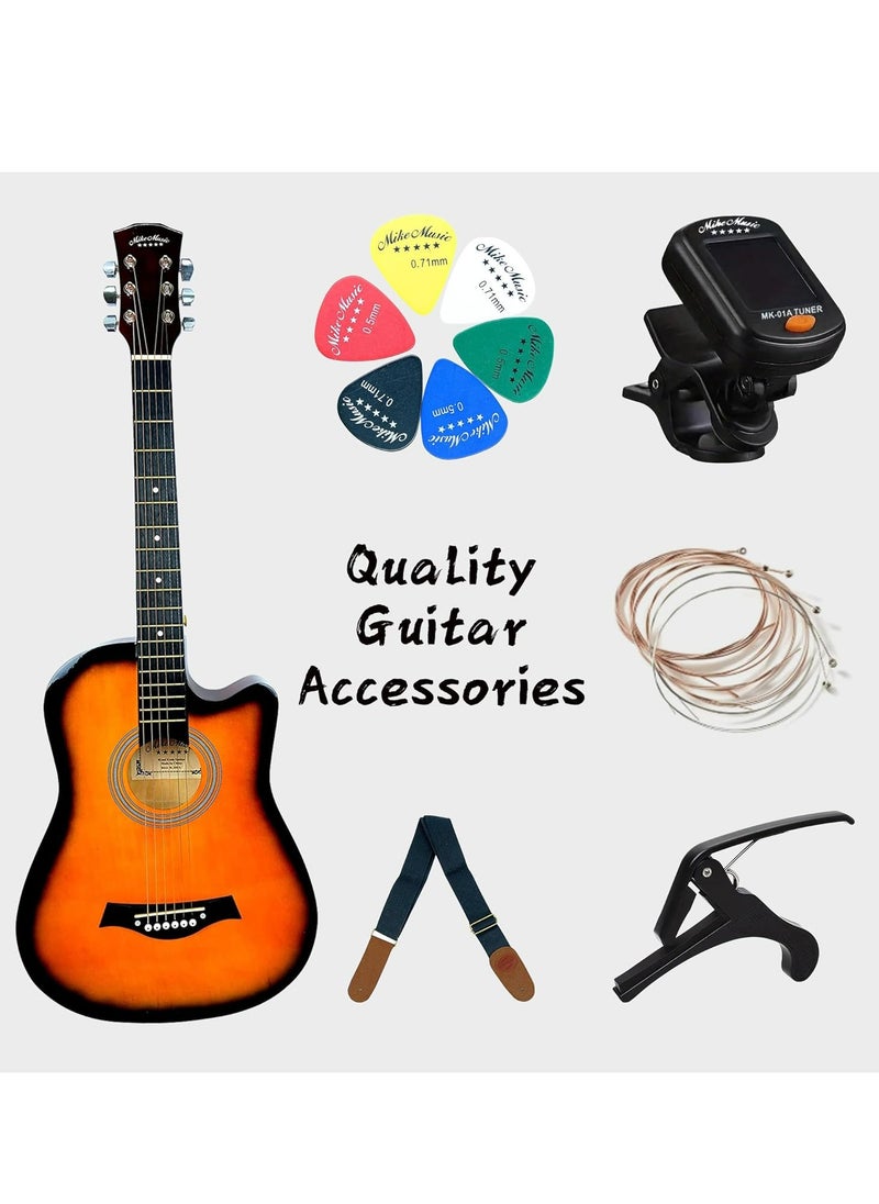 Mike Music 38 inch Acoustic Guitar in Full Size Beginner Set, All Wood Cutaway Guitar for Beginner, Comes with Free Bag/Tuner/Strap/Tuner Clip/Extra String Set/Winder/6 Paddles（Sunburst）  - Image 4