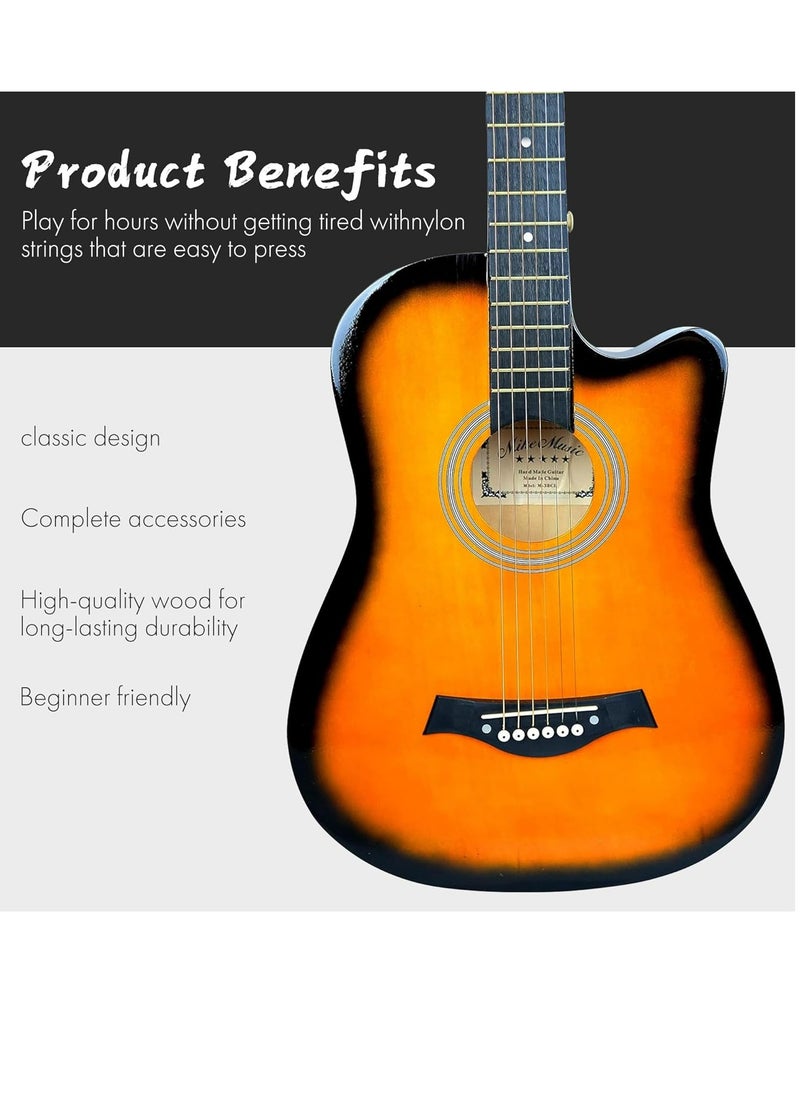 Mike Music 38 inch Acoustic Guitar in Full Size Beginner Set, All Wood Cutaway Guitar for Beginner, Comes with Free Bag/Tuner/Strap/Tuner Clip/Extra String Set/Winder/6 Paddles（Sunburst）  - Image 3
