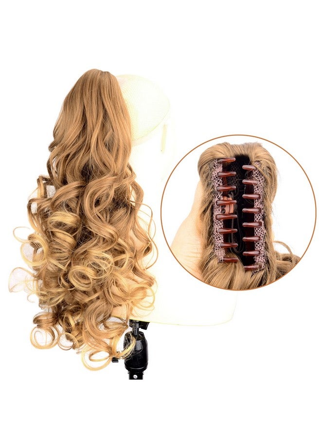 DIGUAN Claw Clip In Wavy Loose Curly Synthetic Wrap Around Ponytail Extensions 24 Inches Pony Tail Clip In Extensions For Women Girl 7.4Oz/210G (Golden Sandy Blonde) - Image 3