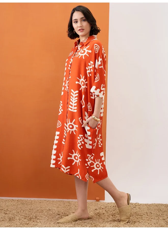جلو باص Women Rust Tribal Print Collared Neck Batwing Sleeves Straight Hem Oversized Fusion Midi Shirt Dress
