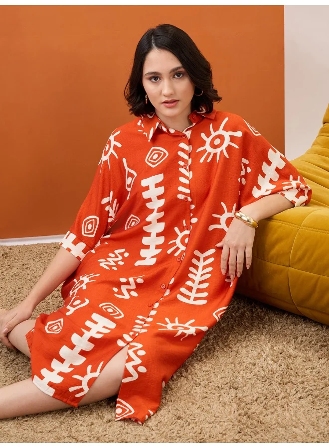 جلو باص Women Rust Tribal Print Collared Neck Batwing Sleeves Straight Hem Oversized Fusion Midi Shirt Dress