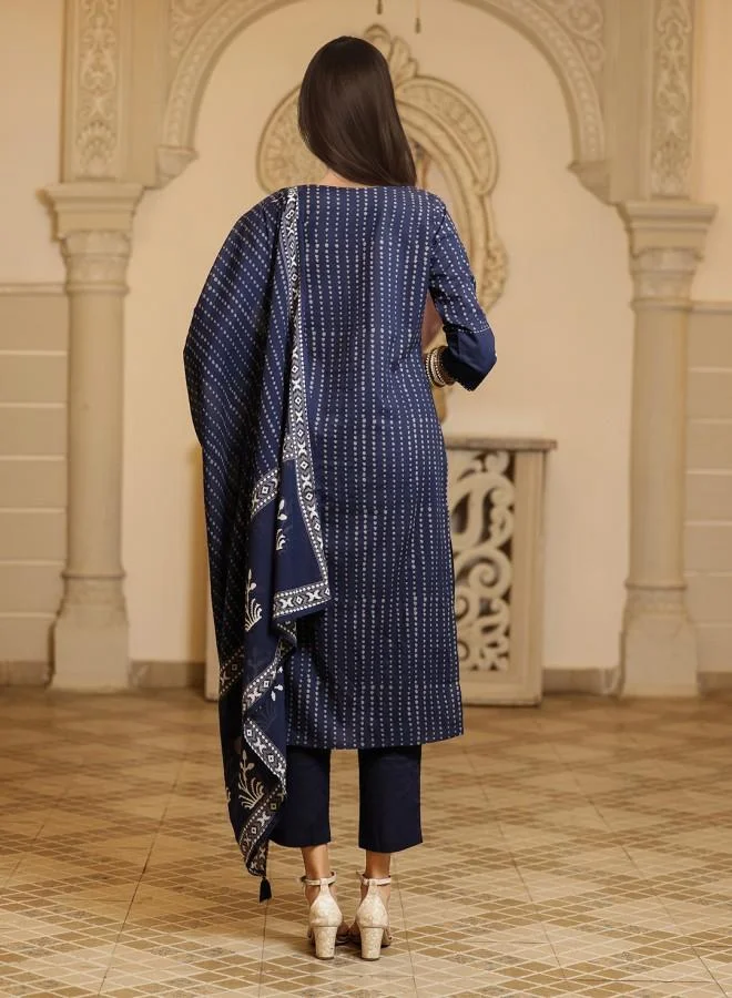 ISHIN Women's Navy 100% Cotton Embroidered Tunic Full Length Palazzo Straight Fit Kurta Set