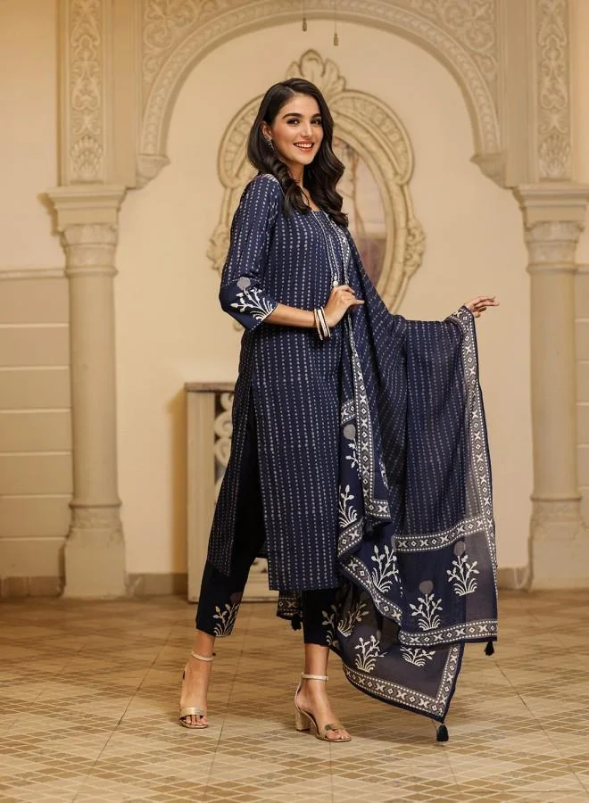 ISHIN Women's Navy 100% Cotton Embroidered Tunic Full Length Palazzo Straight Fit Kurta Set