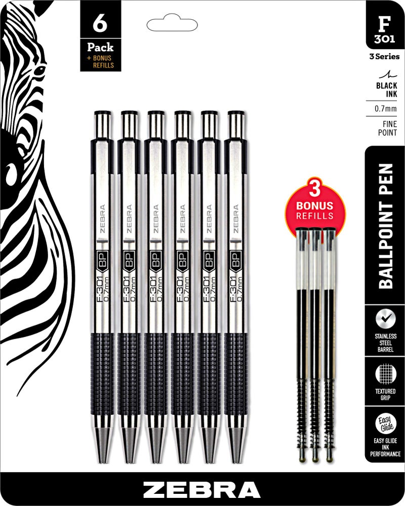 Zebra F-301 Ballpoint Stainless Steel Retractable Pen, Fine Point, 0.7mm, Black Ink, Combo Pack of 6 BLACK INK Metal Pens with 3 BLACK INK REFILLS, 0.7mm fine point pens with .7 mm F-301 Pen Refill - Image 1