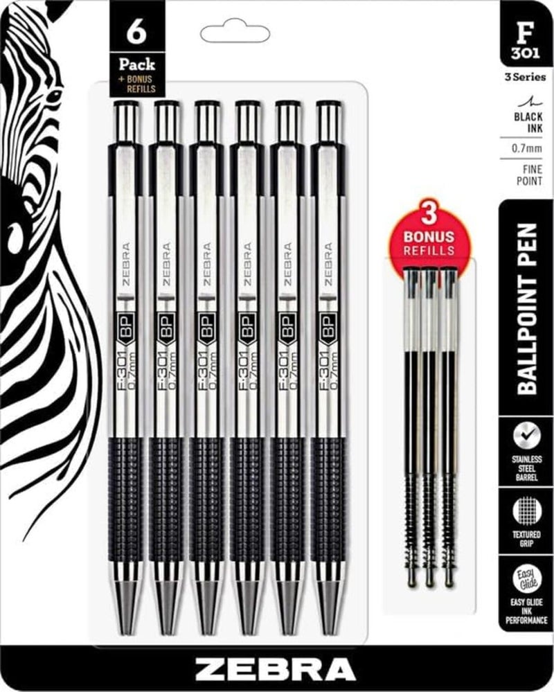 Zebra Pen Zebra F-301 Retractable Ballpoint Pen with Stainless Steel Barrel 0.7mm Fine Point - Pack of 6 +3 Refills - Image 1