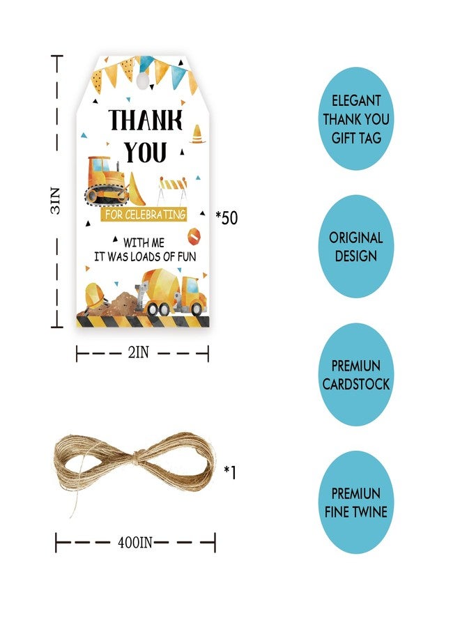 FORSHEEP 50pcs Construction Thank You Tags, Dump Truck Gift Tag with String for Boys Birthday, Engineering Vehicles Thank You Paper Tags for Gender Reveal Party Favors - Image 2