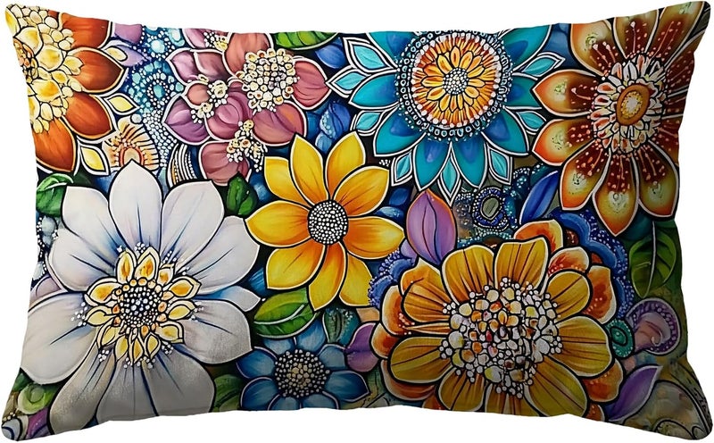 Identiy Boho Mandala Flowers Throw Pillow Cover 12x20 Inch Pack of 1, Colorful Mandala Florals Decorative Pillow Case, Lumar Cushion Pillow Cover for Home Sofa Couch Indoor Outdoor - Image 1