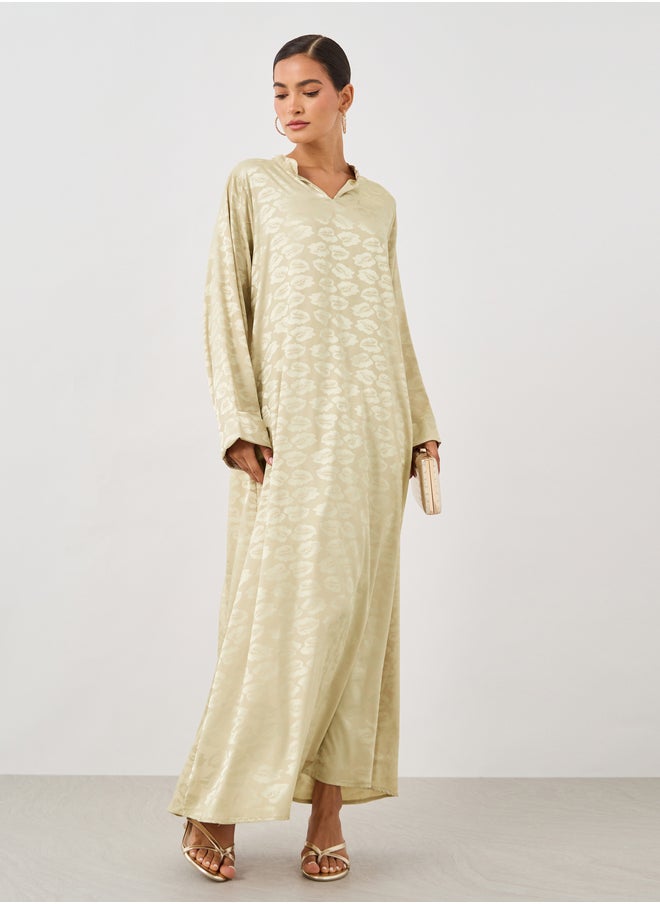 Styli Satin Jacquard Stand Collar A-Line Jalabiya  - Image 1