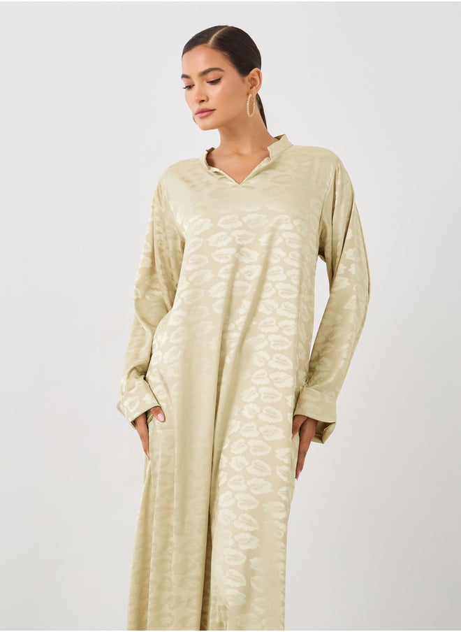 Styli Satin Jacquard Stand Collar A-Line Jalabiya  - Image 3