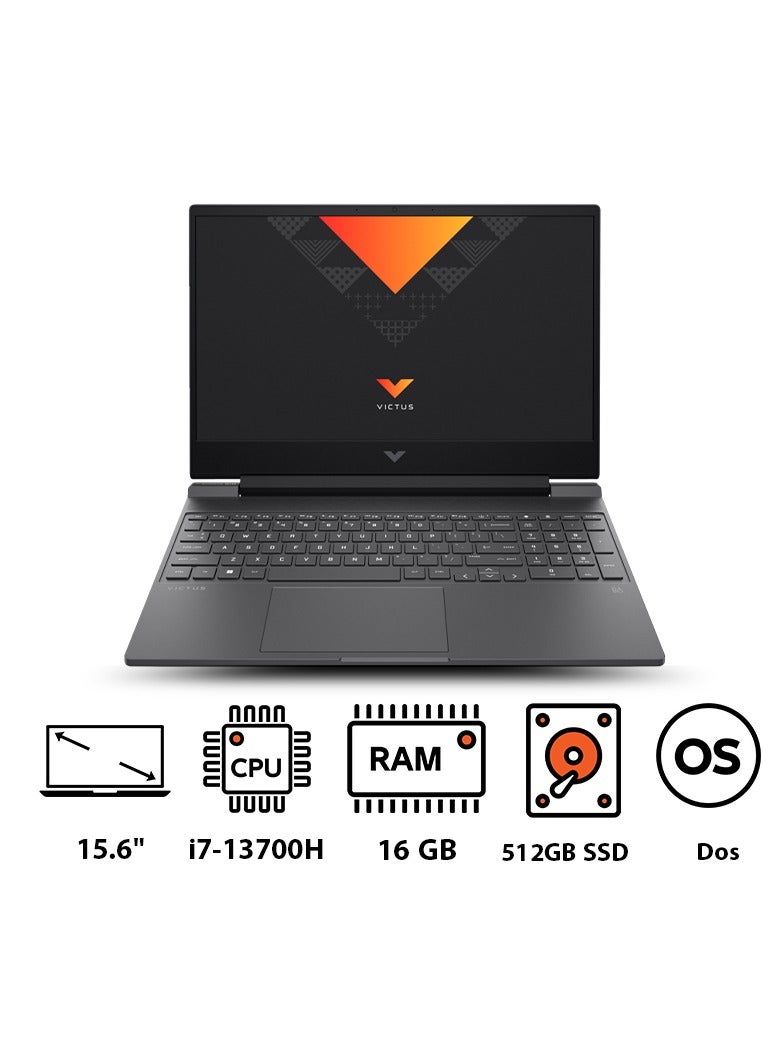 HP لابتوب Hp Victus 15-fa1097ne للألعاب - معالج Intel i7-13700H من الجيل 13، 14 نواة، 6GB GDDR6 NVIDIA GeForce RTX 4050، 16GB RAM، 512GB SSD، شاشة 15.6 بوصة FHD (1920x1080) 144Hz IPS، لوحة مفاتيح مضيئة، دوس - ميكا فضي - Image 1