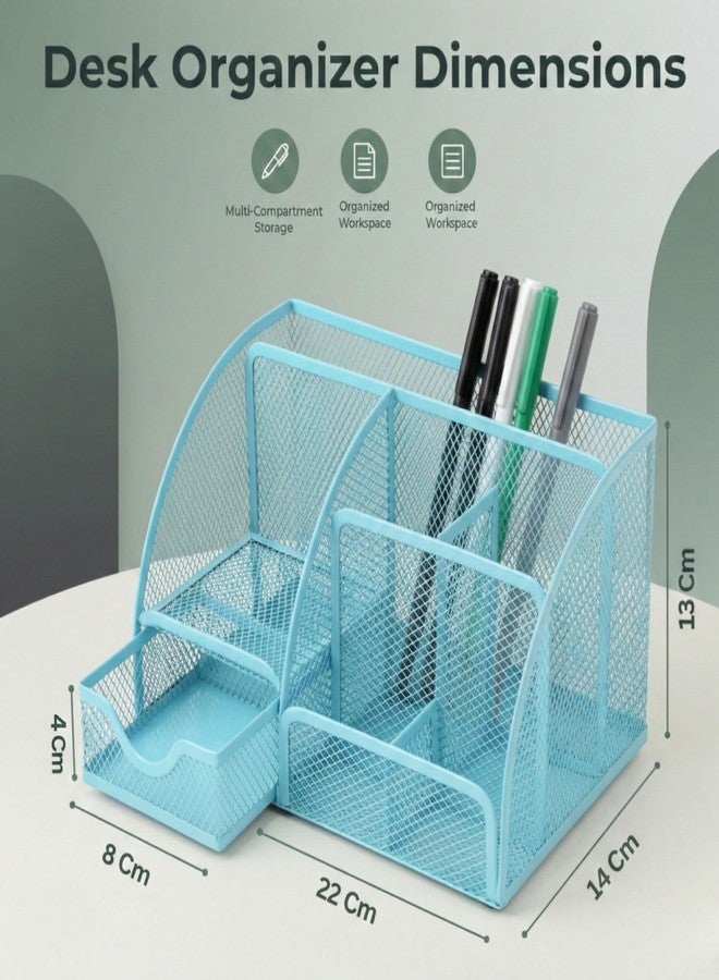 DaKos Metal Mesh Desk Organizer - 6 Compartments with Sliding Drawer, Professional Office Supplies Caddy & Stationery Storage Holder for Home, School, and Workspace (Blue) - Image 3