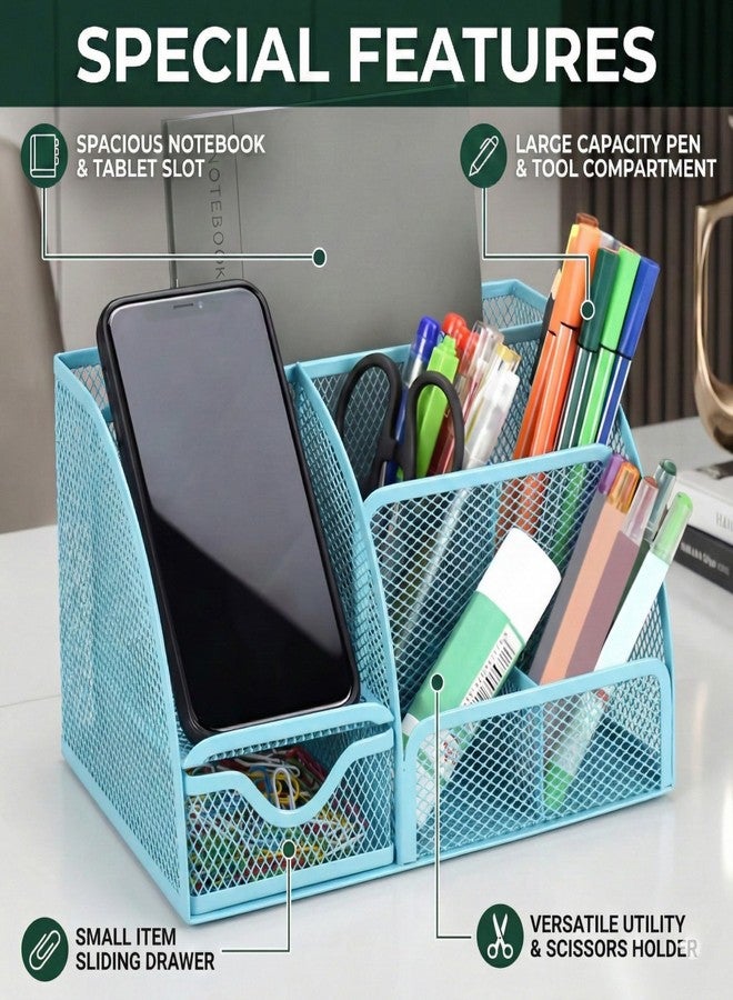 DaKos Metal Mesh Desk Organizer - 6 Compartments with Sliding Drawer, Professional Office Supplies Caddy & Stationery Storage Holder for Home, School, and Workspace (Blue) - Image 5