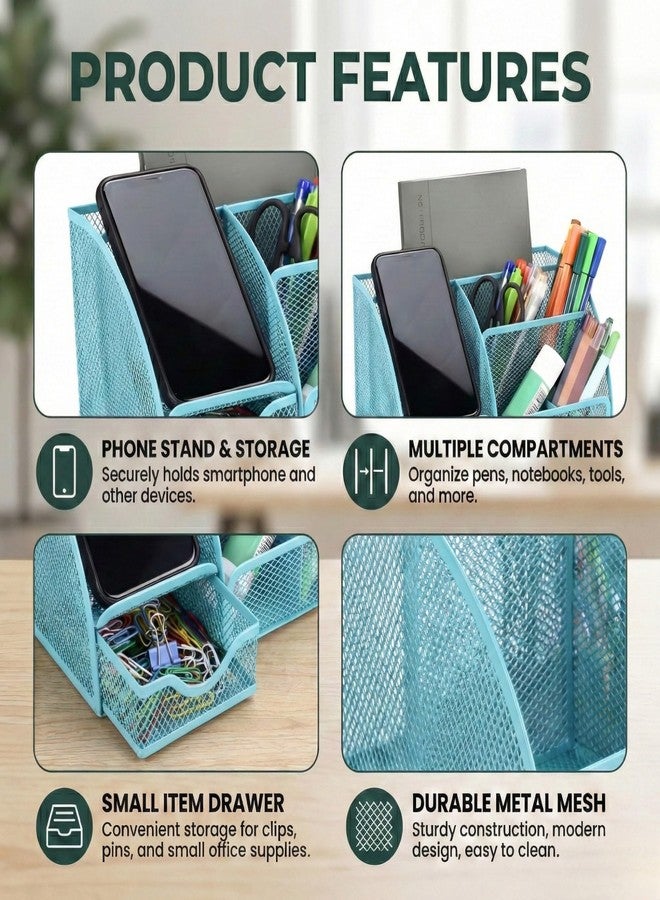 DaKos Metal Mesh Desk Organizer - 6 Compartments with Sliding Drawer, Professional Office Supplies Caddy & Stationery Storage Holder for Home, School, and Workspace (Blue) - Image 4