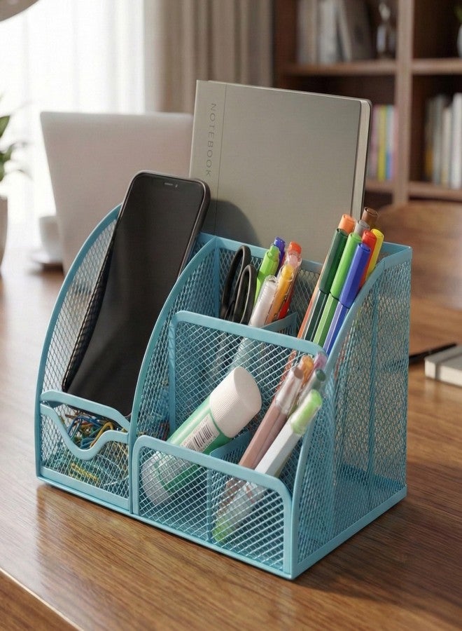 DaKos Metal Mesh Desk Organizer - 6 Compartments with Sliding Drawer, Professional Office Supplies Caddy & Stationery Storage Holder for Home, School, and Workspace (Blue) - Image 1