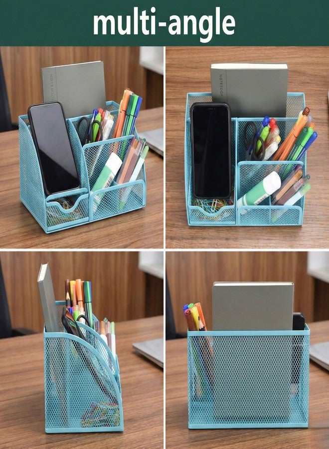 DaKos Metal Mesh Desk Organizer - 6 Compartments with Sliding Drawer, Professional Office Supplies Caddy & Stationery Storage Holder for Home, School, and Workspace (Blue) - Image 2