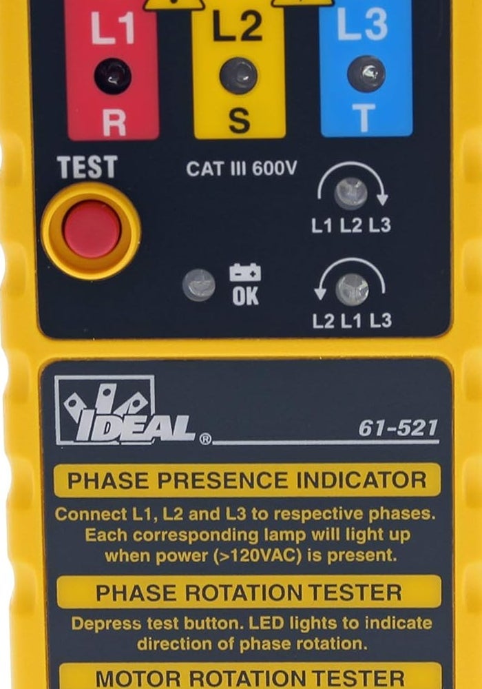 Ideal Industries 61-521 3 Phase Motor Rotation Tester with Carrying Case and Alligator Clip Leads - Image 2