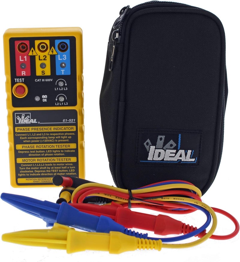Ideal Industries 61-521 3 Phase Motor Rotation Tester with Carrying Case and Alligator Clip Leads - Image 1