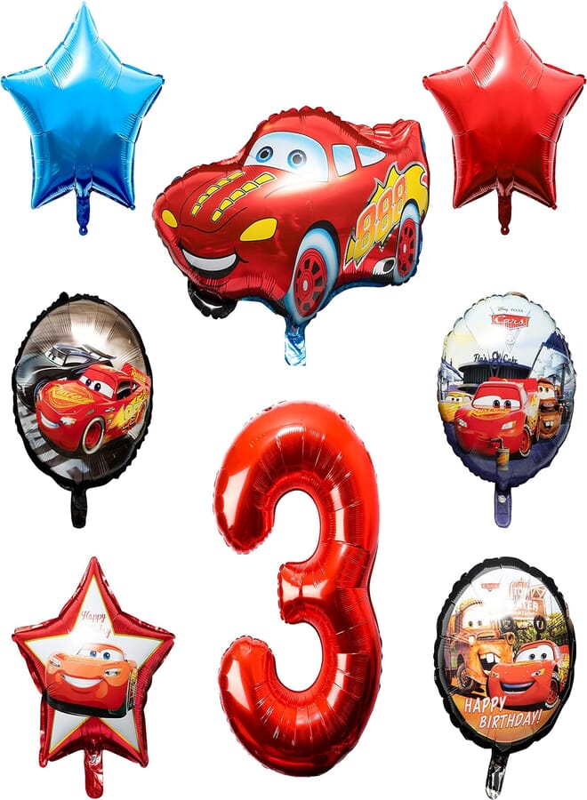 PANTIDE 8 Packs Race Car Balloons for 3rd Birthday Kit - Racing Double-Sided Foil Balloons, Giant Red Number 3 Balloons, Let’s Go Racing Birthday Party Decorations Supplies for Kids Boys Race Fans
