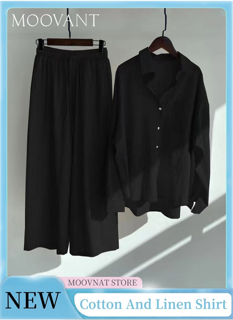 Moovant 2-Piece Women's Cotton and Linen Clothes Set, Long-sleeved Shirt + Loose Pants Set, Ladies Casual Shirt Suit, Soft Skin-friendly Long-Sleeve Lapel Shirt, Black  - Image 1