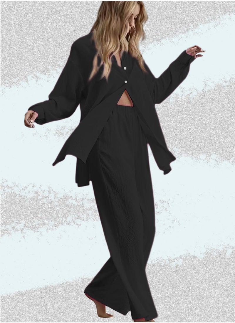 Moovant 2-Piece Women's Cotton and Linen Clothes Set, Long-sleeved Shirt + Loose Pants Set, Ladies Casual Shirt Suit, Soft Skin-friendly Long-Sleeve Lapel Shirt, Black  - Image 2