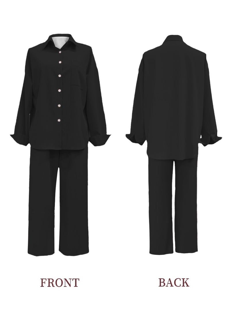 Moovant 2-Piece Women's Cotton and Linen Clothes Set, Long-sleeved Shirt + Loose Pants Set, Ladies Casual Shirt Suit, Soft Skin-friendly Long-Sleeve Lapel Shirt, Black  - Image 3