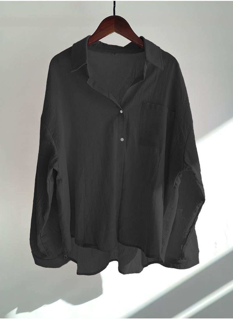 Moovant 2-Piece Women's Cotton and Linen Clothes Set, Long-sleeved Shirt + Loose Pants Set, Ladies Casual Shirt Suit, Soft Skin-friendly Long-Sleeve Lapel Shirt, Black  - Image 4