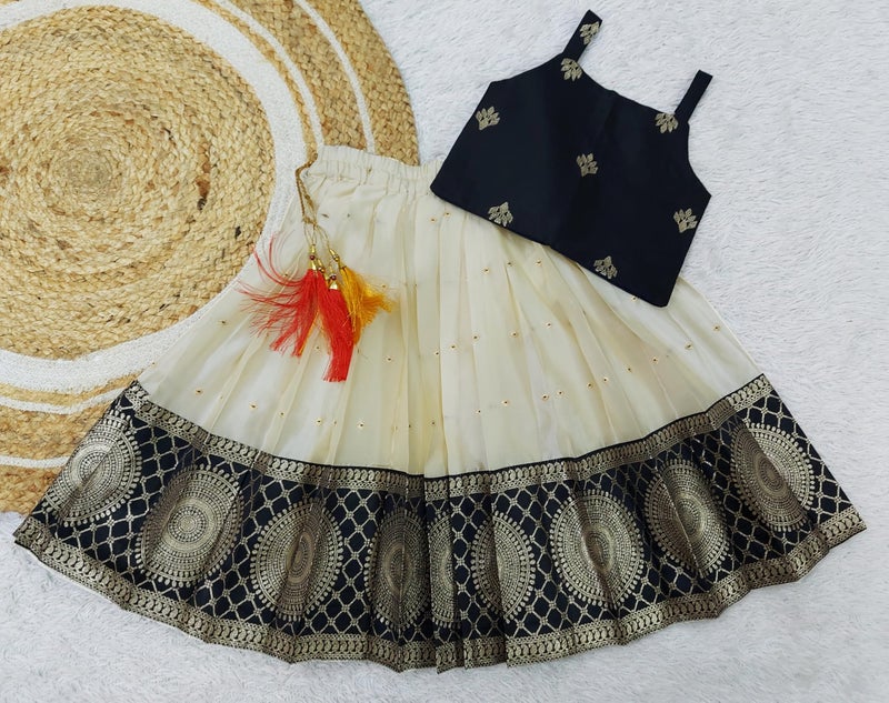 COMRATE Girl's Silk Baby South Indian Black Pattu Pavadai Readymade Lehenga Choli Set For Kids-2-3 Years - Image 2