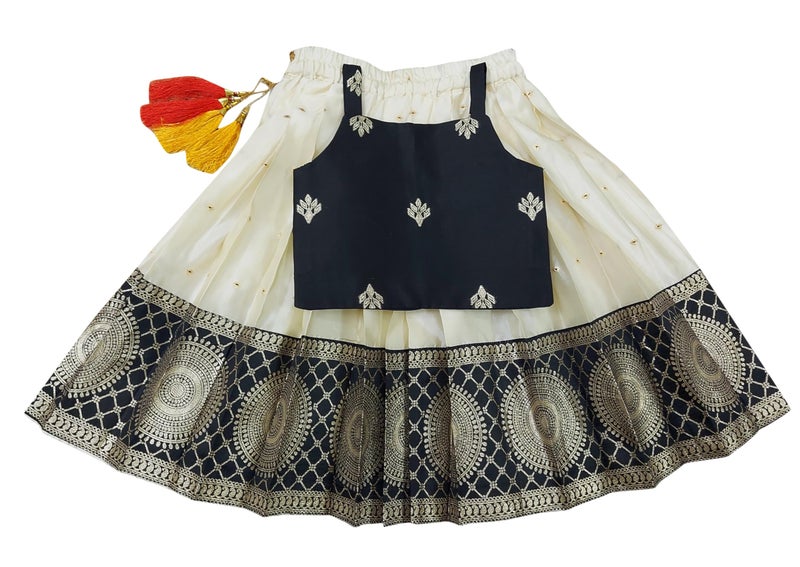 COMRATE Girl's Silk Baby South Indian Black Pattu Pavadai Readymade Lehenga Choli Set For Kids-2-3 Years - Image 5