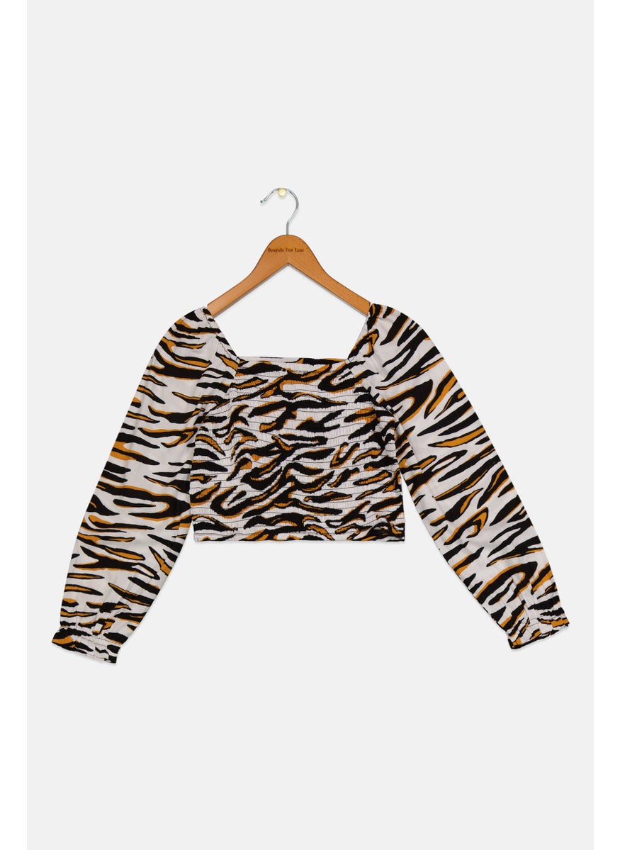 Pepe Jeans - Kids Girl Square Neck Long Sleeve Animal Print Crop Top, Multicolor - Image 1