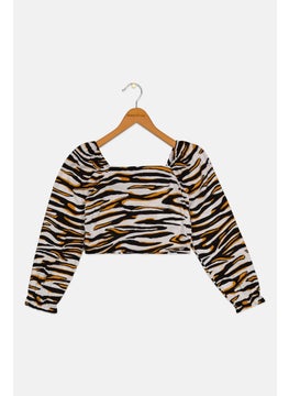 Kids Girl Square Neck Long Sleeve Animal Print Crop Top, Multicolor