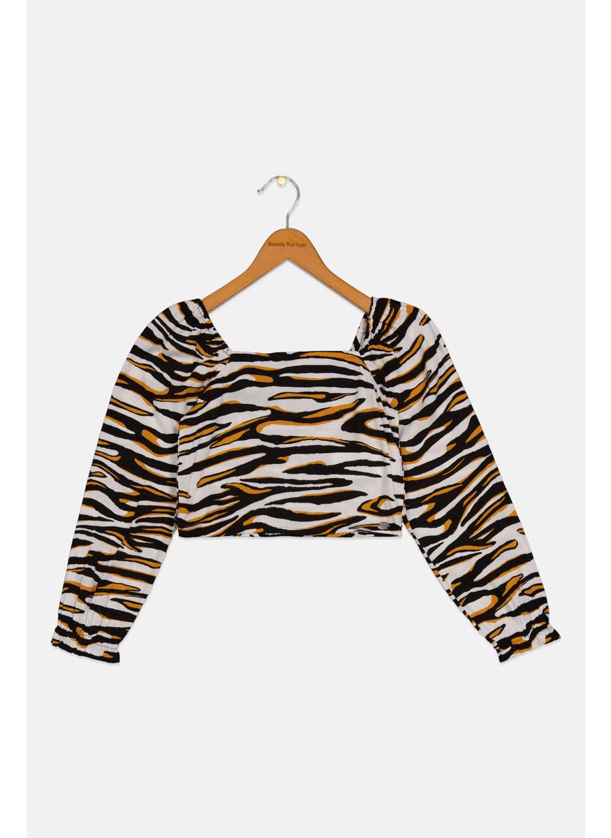 Pepe Jeans - Kids Girl Square Neck Long Sleeve Animal Print Crop Top, Multicolor - Image 1
