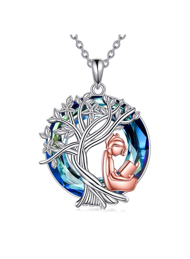 YFN Book Necklace Sterling Silver Reading Book Pendant Crystal Tree Of Life Librarian Jewelry Birthday Graduation Book Club Gifts For Women - Image 1