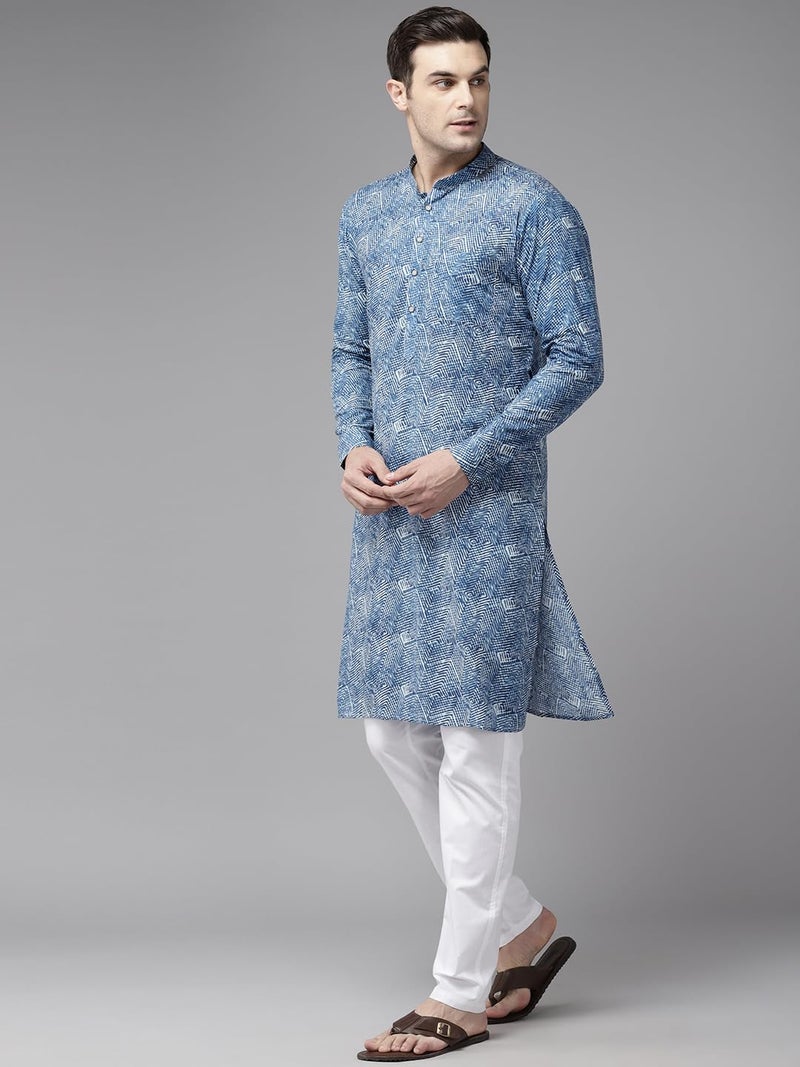 See Designs Men Mandarin Collar Blue Pure Cotton Printed Staright Full Sleeve Kurta With Pajama - SD2MKT_123201L - Image 4