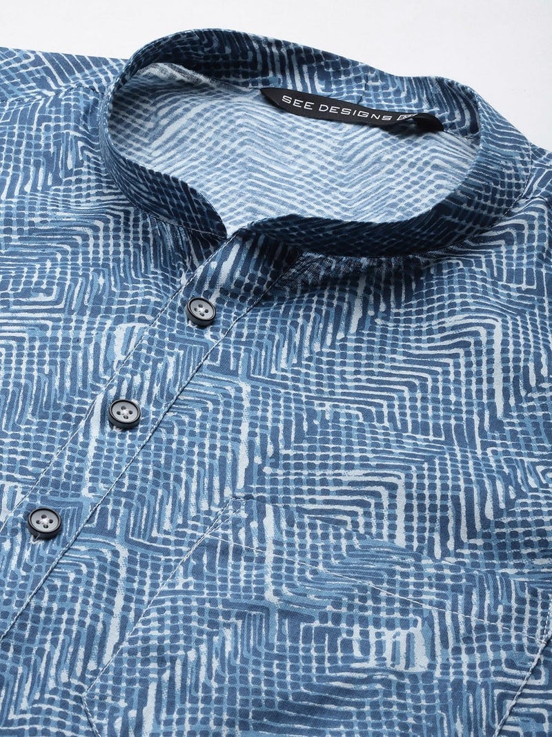 See Designs Men Mandarin Collar Blue Pure Cotton Printed Staright Full Sleeve Kurta With Pajama - SD2MKT_123201L - Image 2