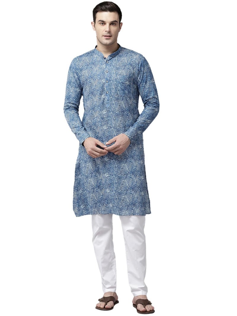 See Designs Men Mandarin Collar Blue Pure Cotton Printed Staright Full Sleeve Kurta With Pajama - SD2MKT_123201L - Image 1
