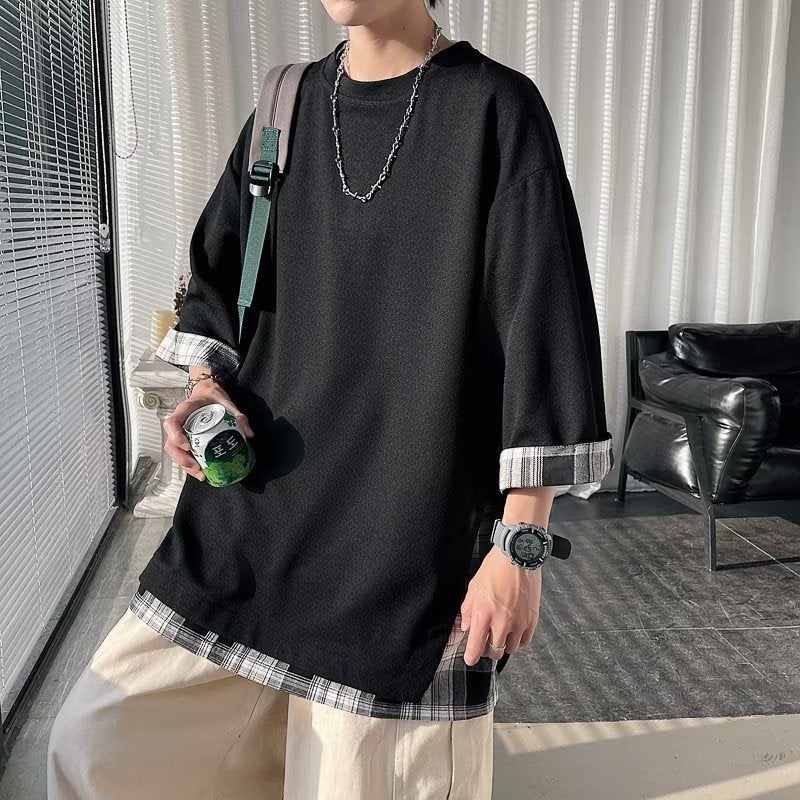 Japanese-style Ice Silk Fake Two-piece Short-sleeved T-shirt Men's Summer Hong Kong Style Tide Brand Stitching Heavy-weight Niche Design Sense Seven-point Sleeve - Image 1