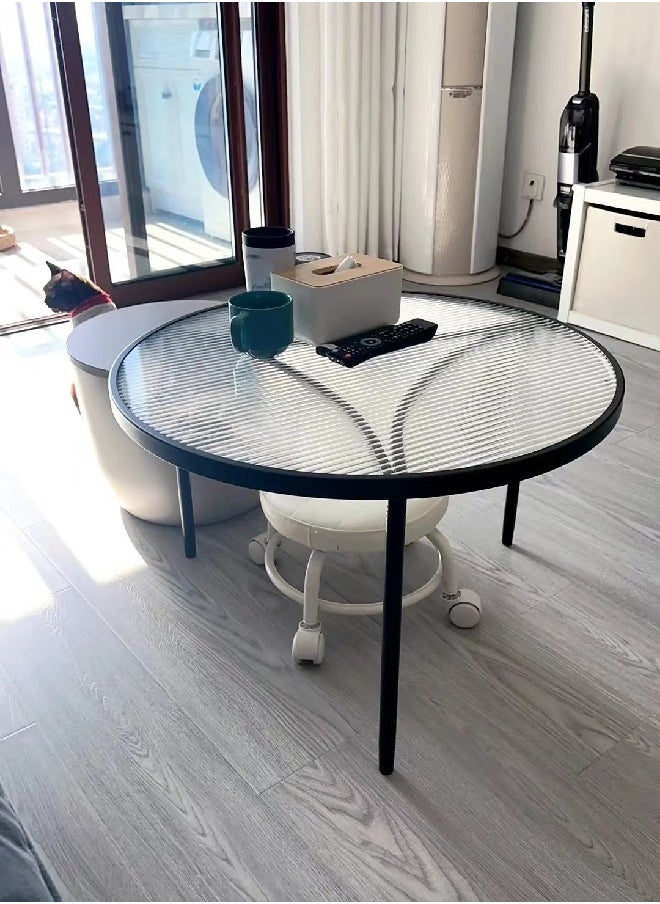 C&C Home - 1-Piece Low Circle Minimalist Center Table Home Decor Insert Glass Top Metal Frame Coffee Table Sofa End Table for Living Room Offices Hotel 70x45 cm - Image 1