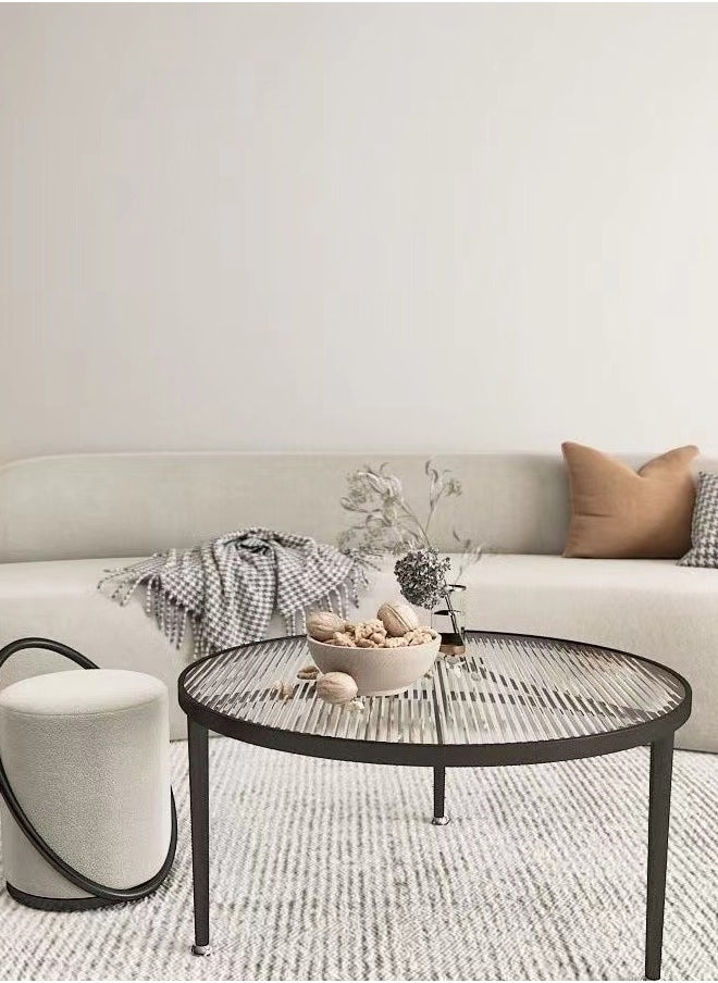 C&C Home - 1-Piece Low Circle Minimalist Center Table Home Decor Insert Glass Top Metal Frame Coffee Table Sofa End Table for Living Room Offices Hotel 70x45 cm - Image 1