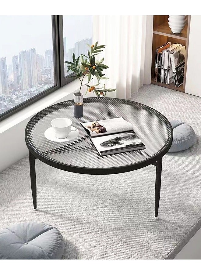 C&C Home - 1-Piece Low Circle Minimalist Center Table Home Decor Insert Glass Top Metal Frame Coffee Table Sofa End Table for Living Room Offices Hotel 70x45 cm - Image 1