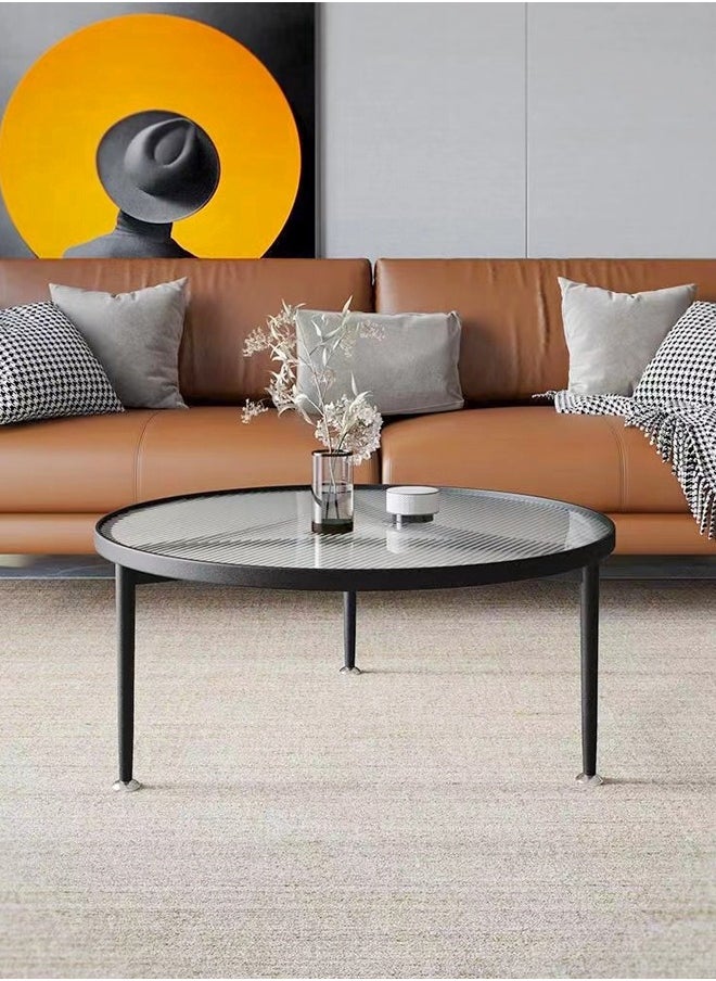 C&C Home - 1-Piece Low Circle Minimalist Center Table Home Decor Insert Glass Top Metal Frame Coffee Table Sofa End Table for Living Room Offices Hotel 70x45 cm - Image 1