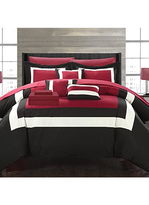 Chic Home Chic Home Duke King Comforter Set 10Piece Colorblocked Comforter King Size with 2 Shams 3 Pillows and King Bedding Set Red 