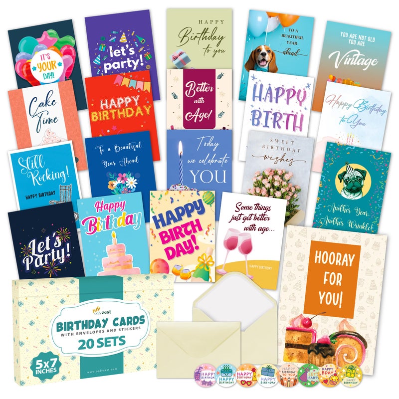 Only Zest 20 Pack Assorted Happy Birthday Cards Bulk Boxed Set - Thick 5x7 Inch Card Assortment with Envelopes & Stickers, Unique Message Inside for Women, Kids, Friends, Office, Work, Family - Image 1