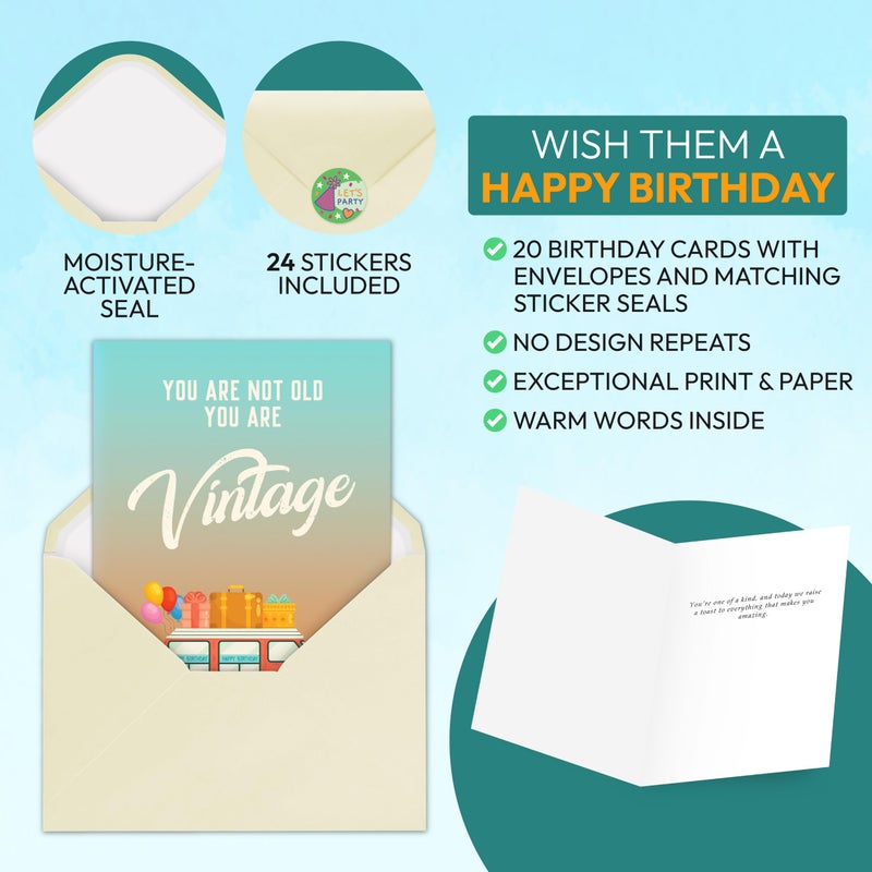 Only Zest 20 Pack Assorted Happy Birthday Cards Bulk Boxed Set - Thick 5x7 Inch Card Assortment with Envelopes & Stickers, Unique Message Inside for Women, Kids, Friends, Office, Work, Family - Image 2
