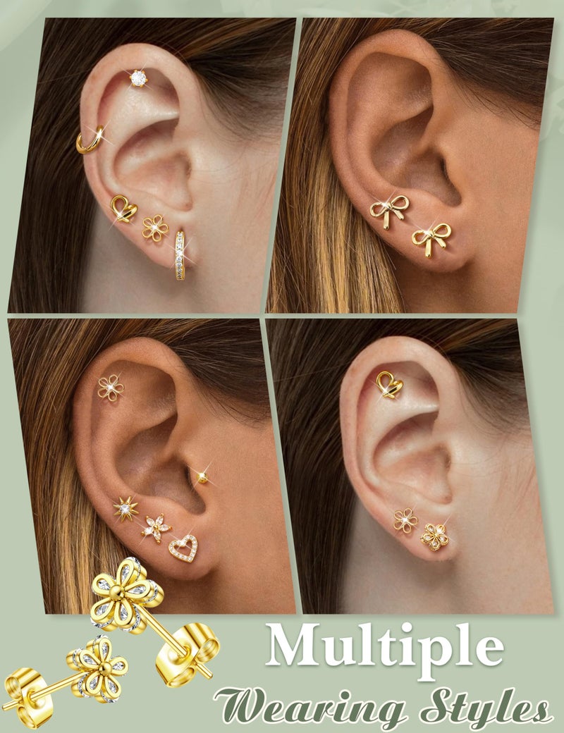 LOYALLOOK Gold Stud Earrings for Women Hypoallergenic - 14K Gold Plated Surgical Steel Earrings for Sensitive Ear Women Dainty Cute Heart Flower Bow Earrings Set Cubic Zirconia Earrings Studs - Image 4
