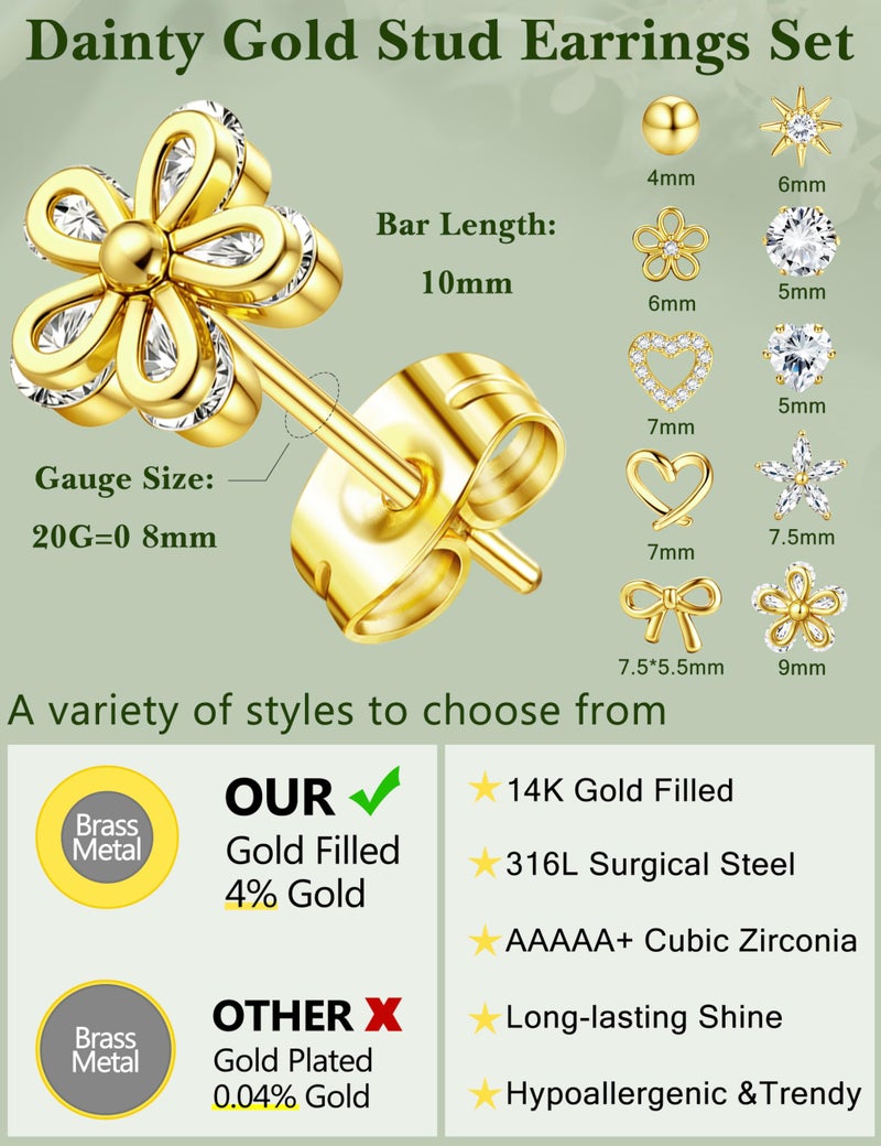 LOYALLOOK Gold Stud Earrings for Women Hypoallergenic - 14K Gold Plated Surgical Steel Earrings for Sensitive Ear Women Dainty Cute Heart Flower Bow Earrings Set Cubic Zirconia Earrings Studs - Image 2