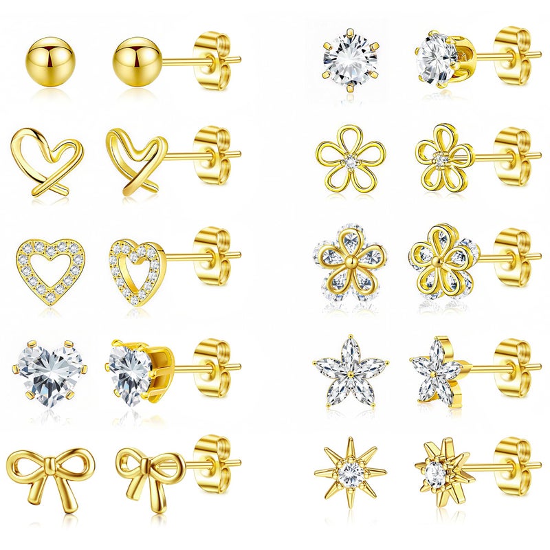 LOYALLOOK Gold Stud Earrings for Women Hypoallergenic - 14K Gold Plated Surgical Steel Earrings for Sensitive Ear Women Dainty Cute Heart Flower Bow Earrings Set Cubic Zirconia Earrings Studs - Image 1