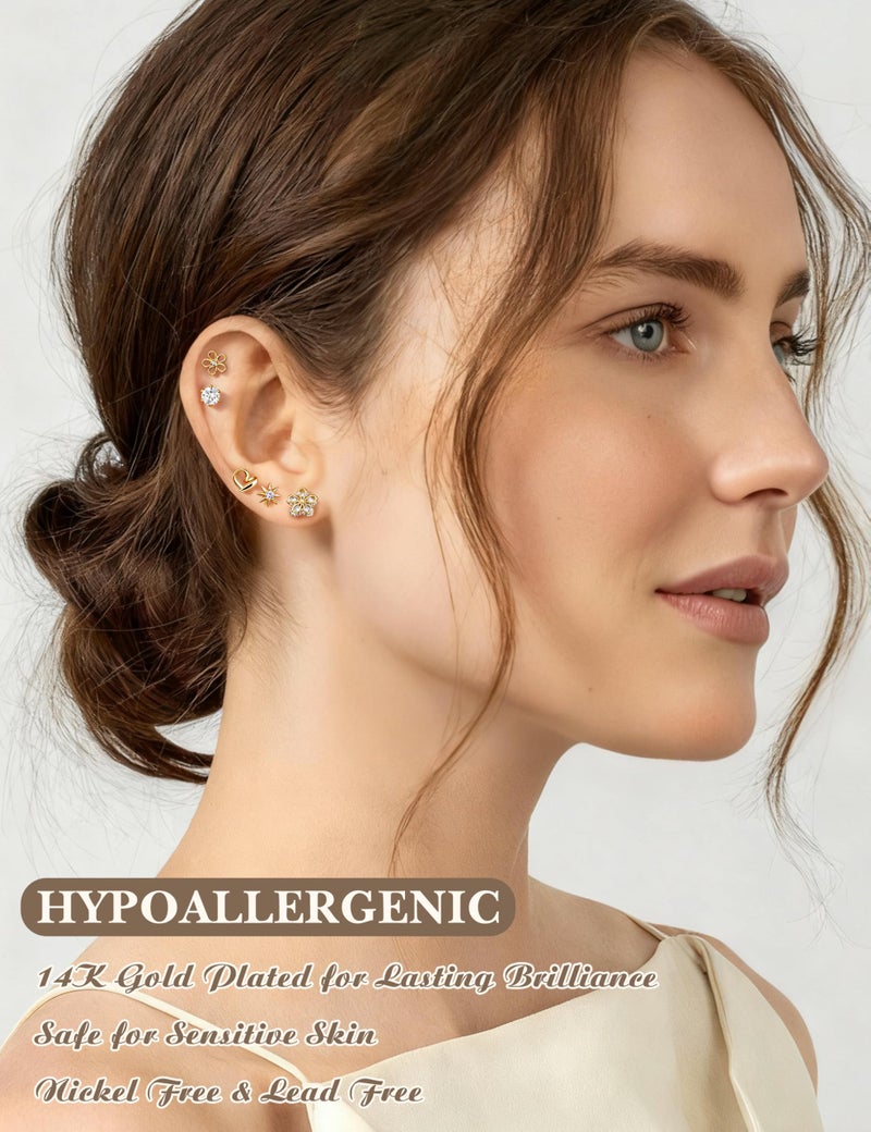 LOYALLOOK Gold Stud Earrings for Women Hypoallergenic - 14K Gold Plated Surgical Steel Earrings for Sensitive Ear Women Dainty Cute Heart Flower Bow Earrings Set Cubic Zirconia Earrings Studs - Image 3