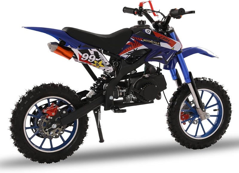 YOXIER 50cc Kids Dirt Bike,2-Stroke Gas Dirt Bike, Dirt Bike for Kids 8-14,Gas Power Pocket Rocket Bike,Gas Motorcycle with Front Rear Disc Brakes, Off Road Mini Motorcycle Max Load 330Lbs Blue - Image 1