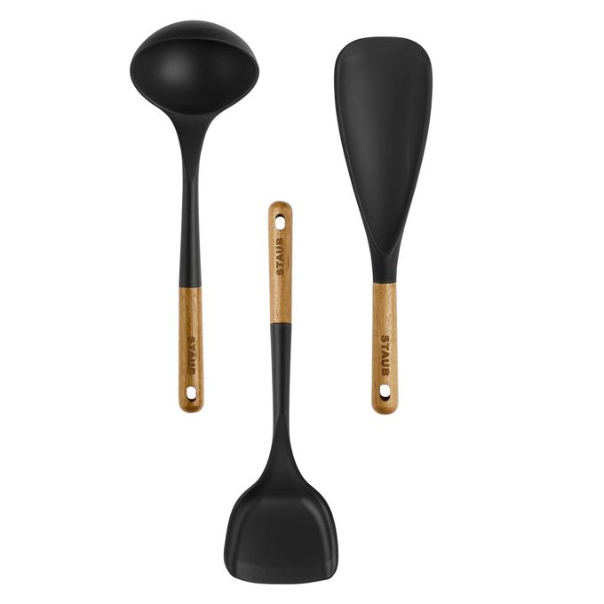 Staub Silicone with Wood Handle Cooking Utensil Set, Matte Black, 3-pc - Image 1